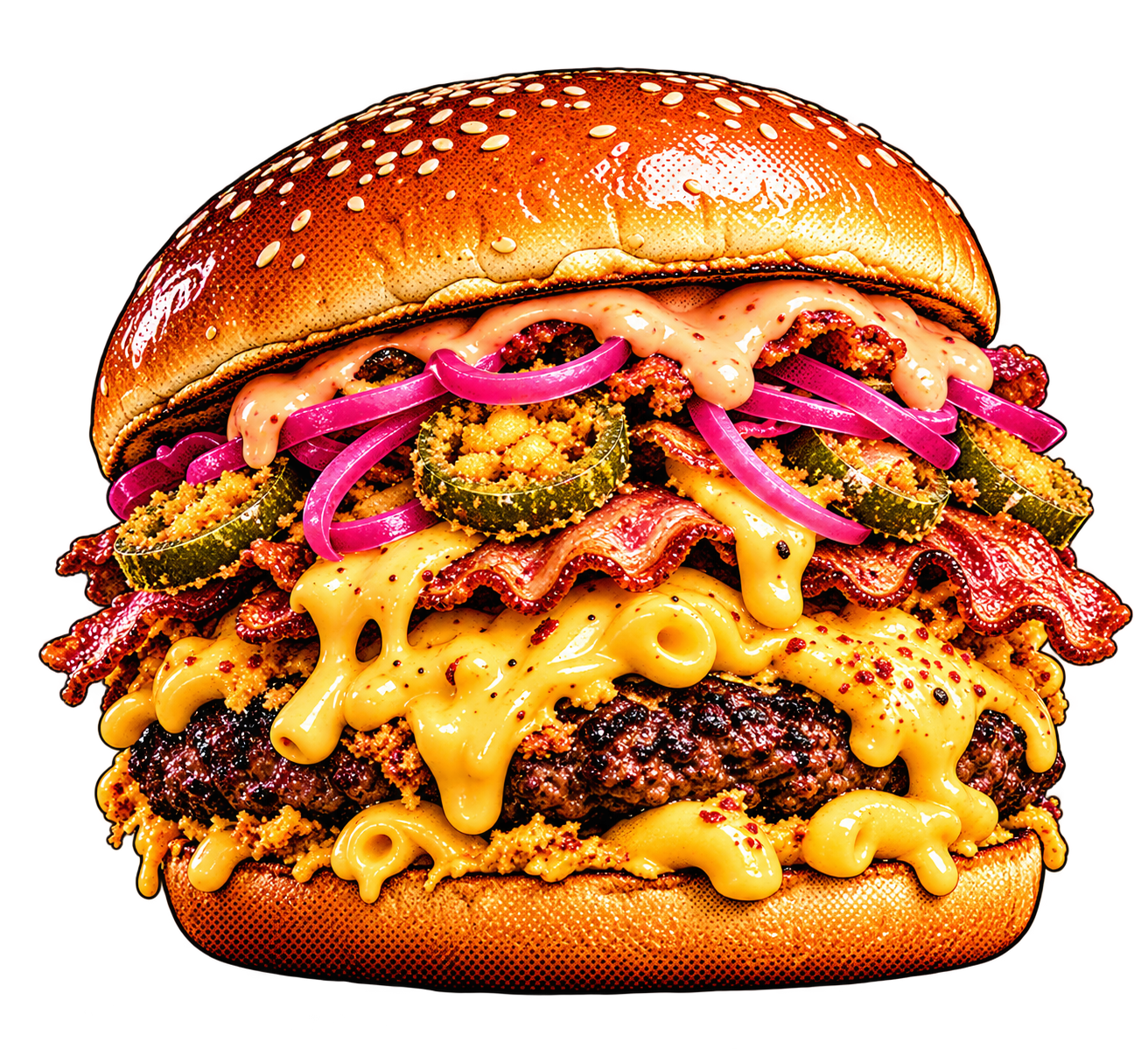The Gamma Ray burger with beef, mac and cheese, bacon, fried jalapeños, pickled red onions and Gamma Ray sauce